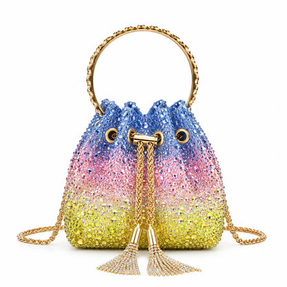 J-I-M-M-Y C-H-O-O Bon Bon Deep Merlot Satin & Crystal Hotfix Bucket Bag (Blue with Multi Colors)