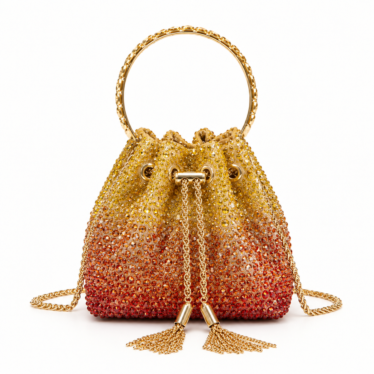 J-I-M-M-Y C-H-O-O Bon Bon Deep Merlot Satin & Crystal Hotfix Bucket Bag (Yellow Gold)