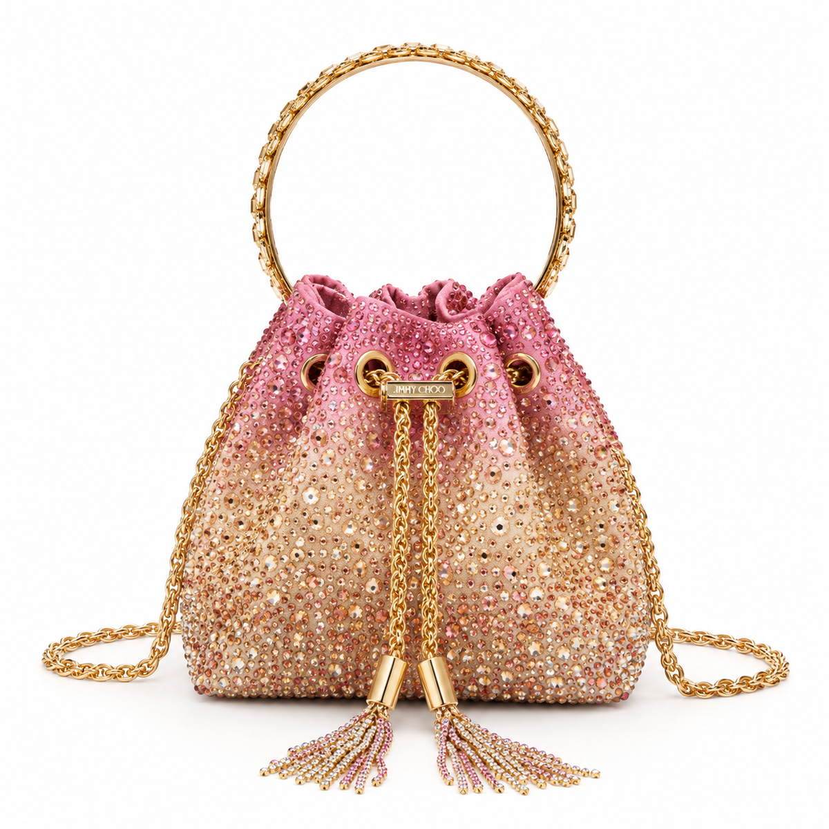 J-I-M-M-Y C-H-O-O Bon Bon Deep Merlot Satin & Crystal Hotfix Bucket Bag (Pink Gold)