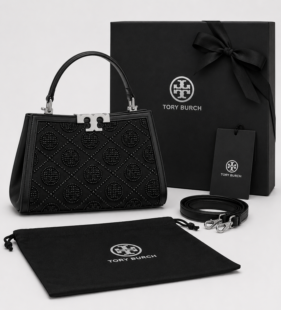 T-O-R-Y B-U-R-C-H Eleanor T Monogram Hotfix Mini Satchel – Signature Luxe Women Bag (Black)