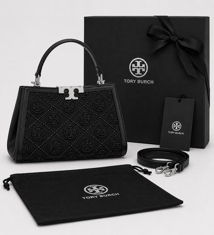 T-O-R-Y B-U-R-C-H Eleanor T Monogram Hotfix Mini Satchel – Signature Luxe Women Bag (Black)