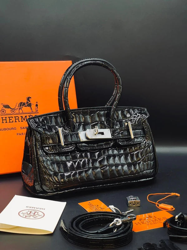 H-E-R-M-È-S Style Croc-Embossed Mini Top-Handle Women Bag – Luxury Inspired (Black)