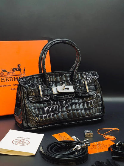 H-E-R-M-È-S Style Croc-Embossed Mini Top-Handle Women Bag – Luxury Inspired (Black)