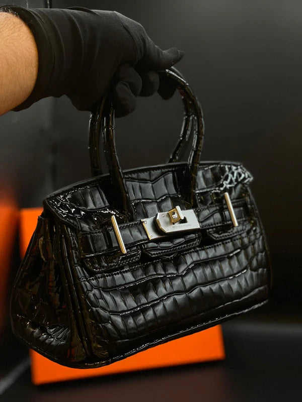 H-E-R-M-È-S Style Croc-Embossed Mini Top-Handle Women Bag – Luxury Inspired (Black)