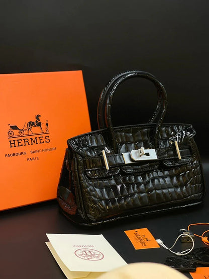 H-E-R-M-È-S Style Croc-Embossed Mini Top-Handle Women Bag – Luxury Inspired (Black)