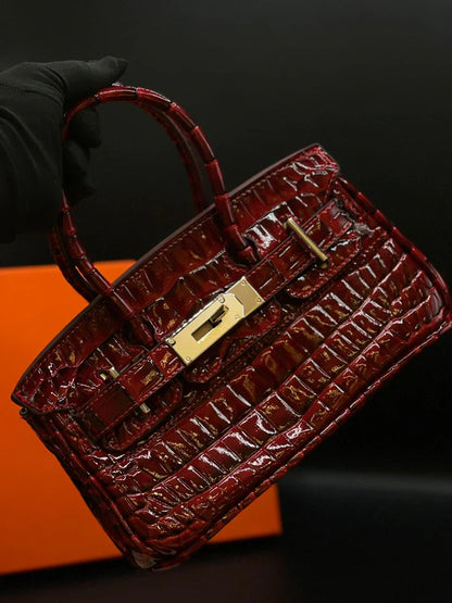 H-E-R-M-È-S Style Croc-Embossed Mini Top-Handle Women Bag – Luxury Inspired (Maroon)