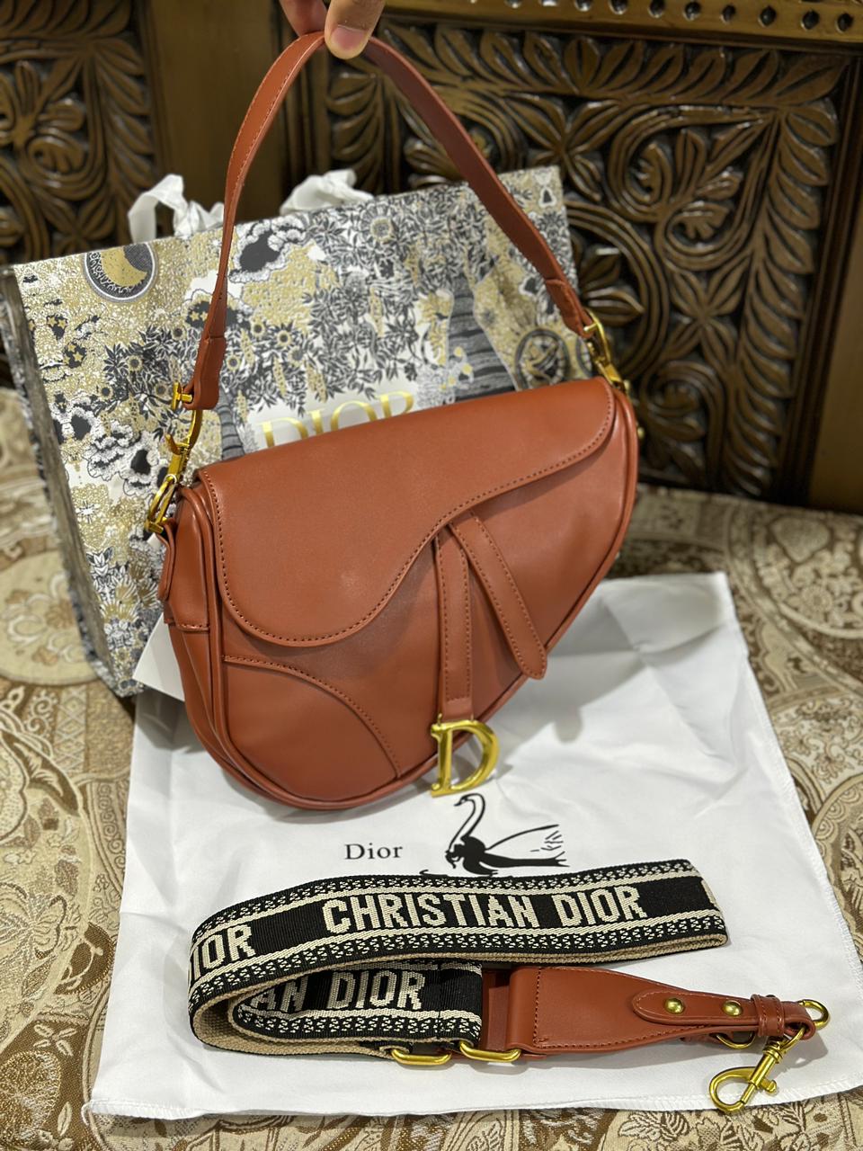 Dior Saddle Women's Bag - Premium Quality - Embroidered Strap (Brown)