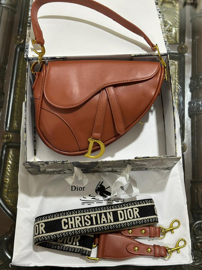 Dior Saddle Women's Bag - Premium Quality - Embroidered Strap (Brown)