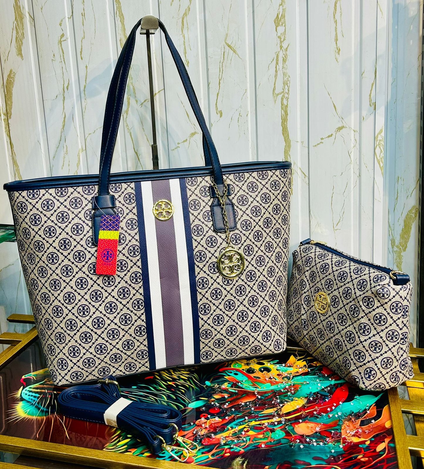 Tory Burch Handbag with Pouch, Long Belt, and Keychain (blue)