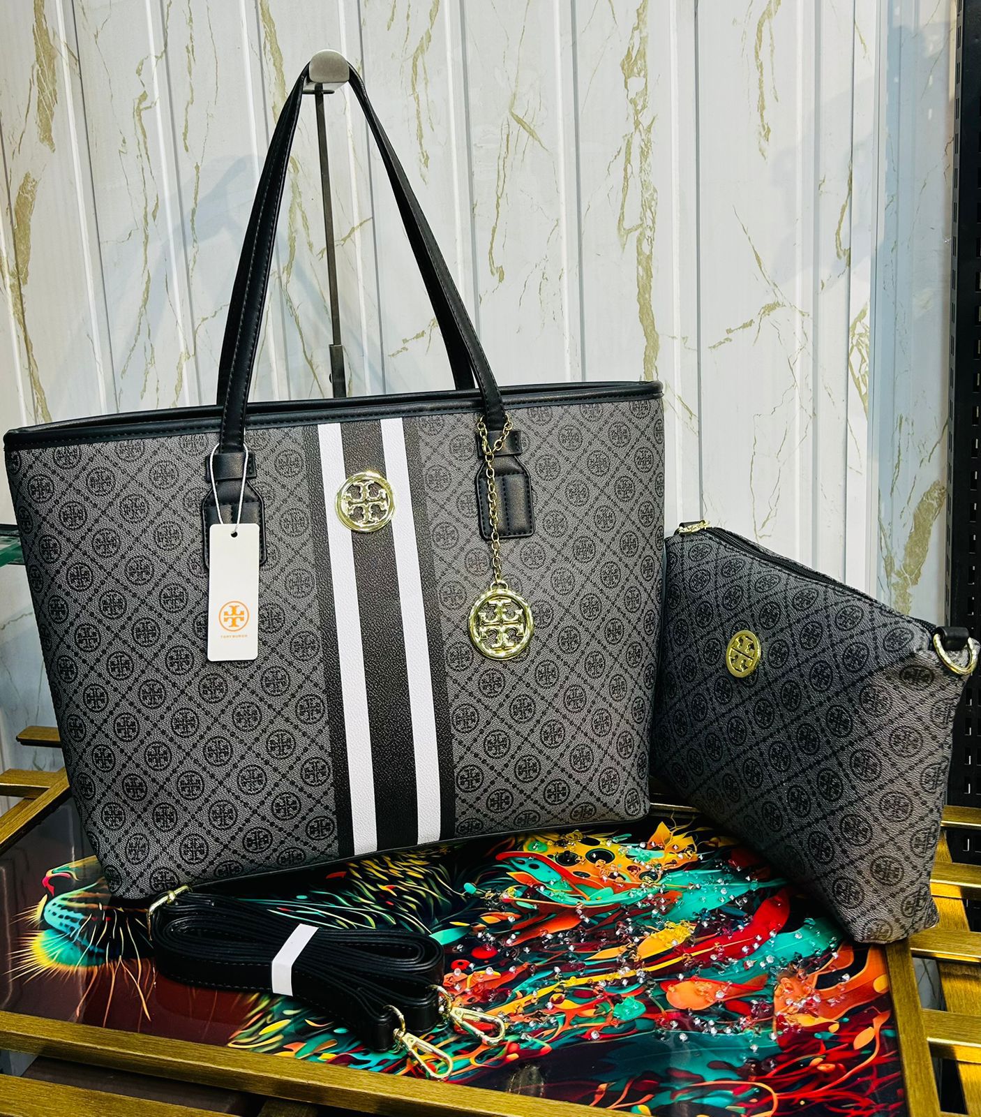 Tory Burch Handbag with Pouch, Long Belt, and Keychain (black)