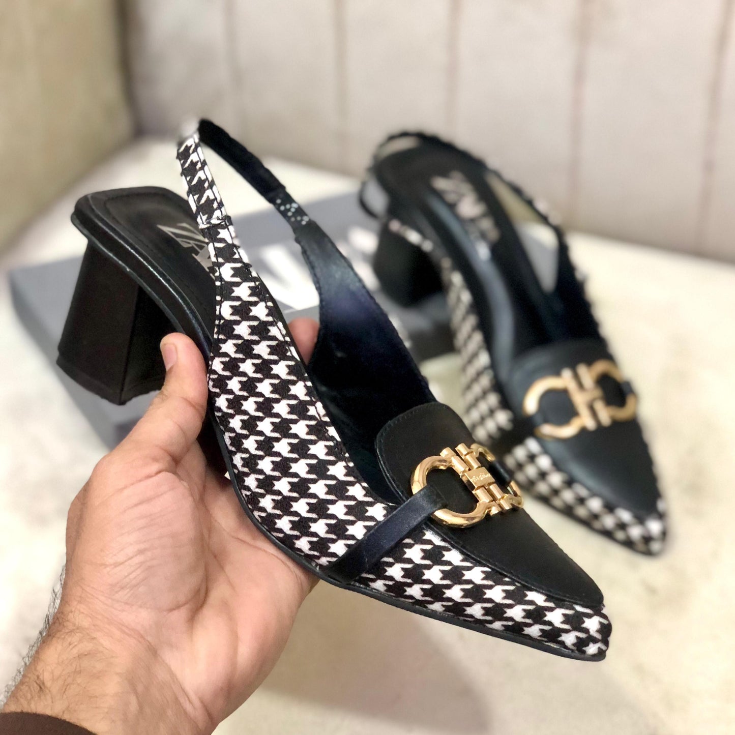 Zara Check Block Heel - Stylish Women’s Footwear  (Black)