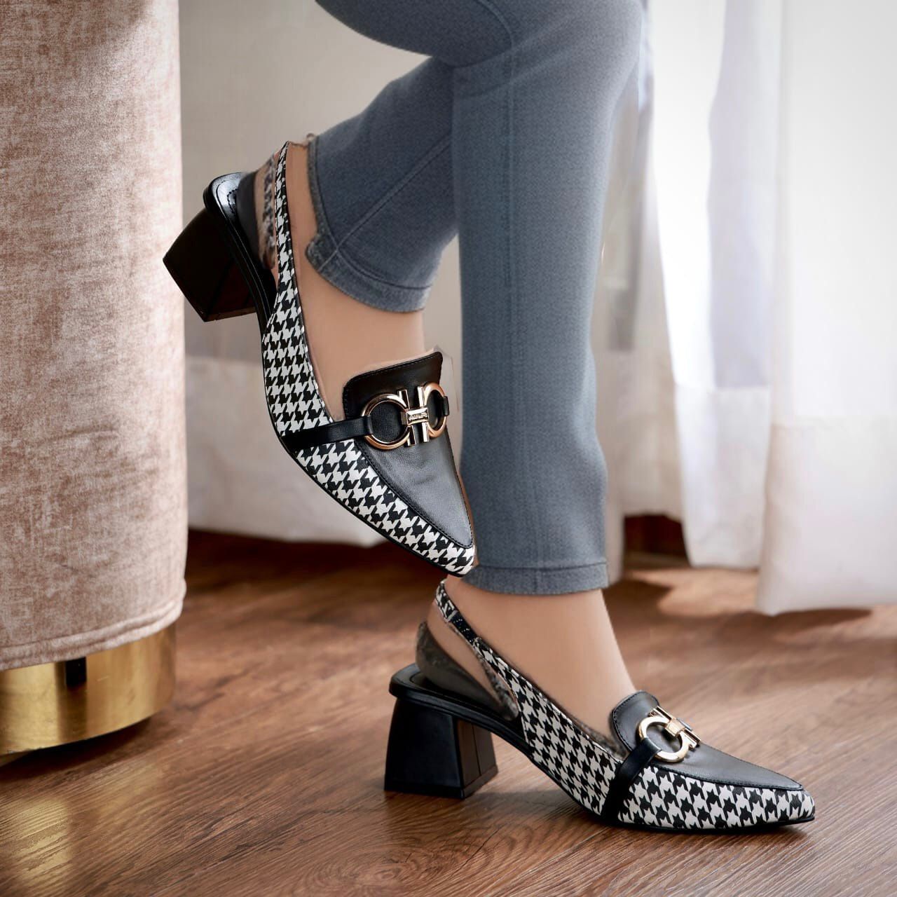 Zara Check Block Heel - Stylish Women’s Footwear  (Black)