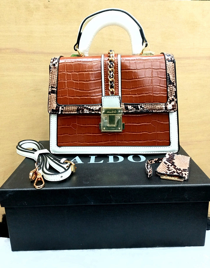 Aldo Women Handbag – Official Model in AAA Quality with Complete Accessories (Chocolate Brown+White)