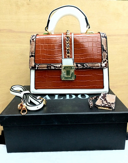 Aldo Women Handbag – Official Model in AAA Quality with Complete Accessories (Chocolate Brown+White)