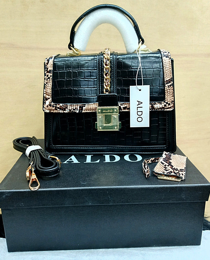 Aldo Women Handbag – Official Model in AAA Quality with Complete Accessories (Black+Golden)