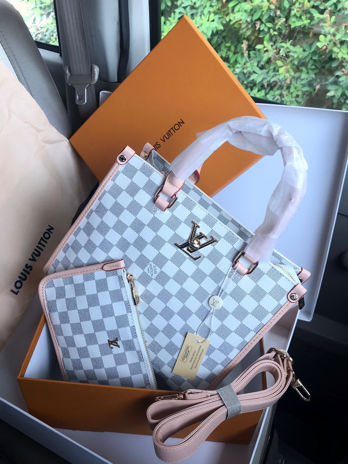 Louis Vuitton Tote Bag with Pouch – Premium Women Bag (White/Pink)
