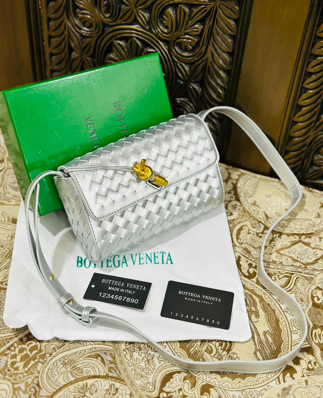 Bottega Veneta Woven Andiamo Crossbody Bag – Premium Quality (Silver)