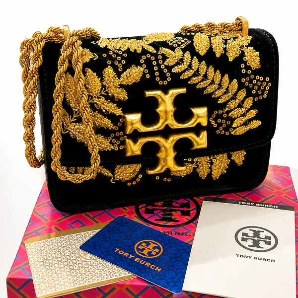 T-O-R-Y B-U-R-C-H Eleanor Embroidered Velvet Convertible Shoulder Bag – Luxe Women Bag (Gold)