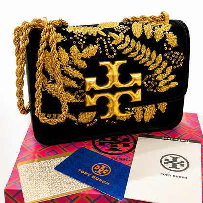 T-O-R-Y B-U-R-C-H Eleanor Embroidered Velvet Convertible Shoulder Bag – Luxe Women Bag (Gold)
