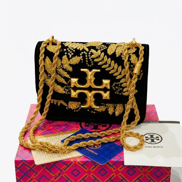 T-O-R-Y B-U-R-C-H Eleanor Embroidered Velvet Convertible Shoulder Bag – Luxe Women Bag (Gold)