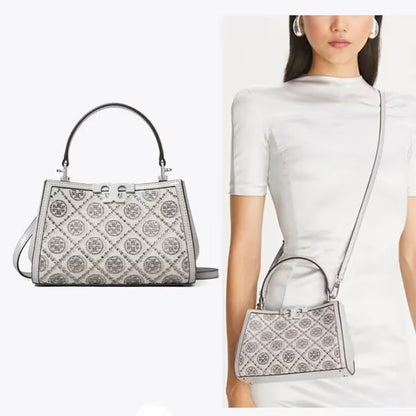 T-O-R-Y B-U-R-C-H Eleanor T Monogram Hotfix Mini Satchel – Signature Luxe Women Bag (Silver)
