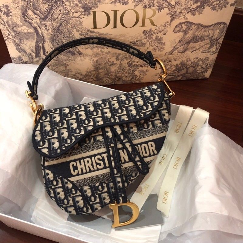 Dior-Inspired Fabric Saddle Women Bag with Brand Accessories (Black)
