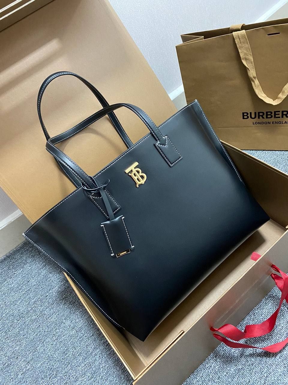 Burberry TB Smooth Leather Tote Bag - Luxury Women Bag (Black)