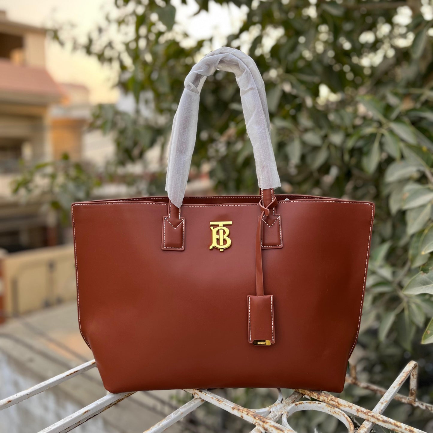 Burberry TB Smooth Leather Tote Bag - Luxury Women Bag (Brown 1)