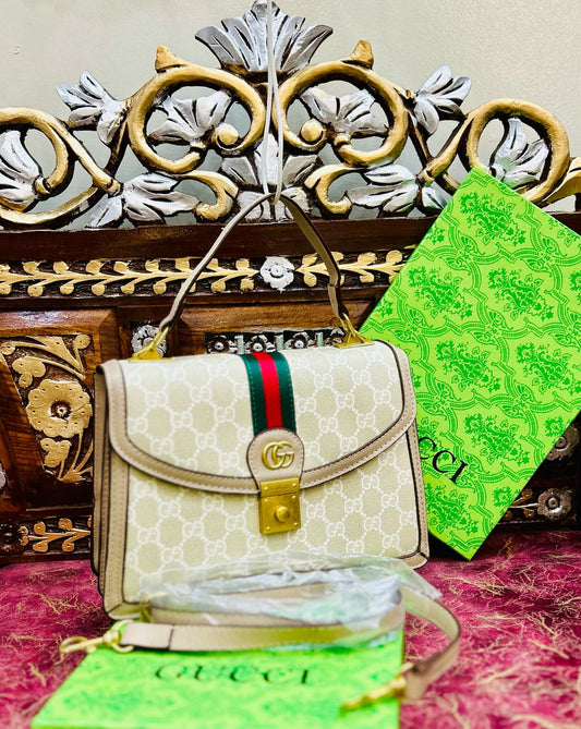 Gucci-Inspired Ophidia Bag with Long Chain and Branded Packing (White/Beige)