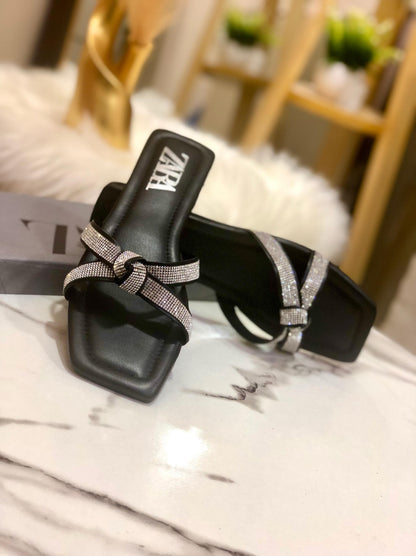 Zara Mash Tie Knotted Women Flat Slipper (Black/Silver)
