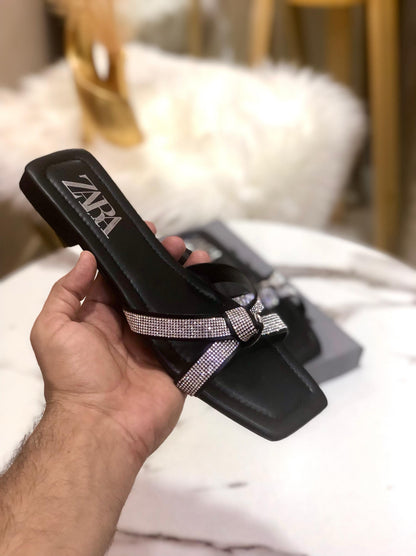 Zara Mash Tie Knotted Women Flat Slipper (Black/Silver)