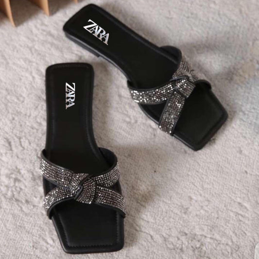 Zara Mash Tie Knotted Women Flat Slipper (Black/Silver)
