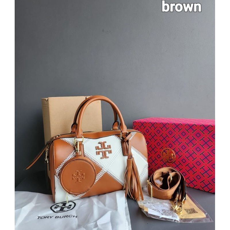 Tory Burch Two-Way Duffel Women Bag – Elegant & Versatile (Mustard/White)