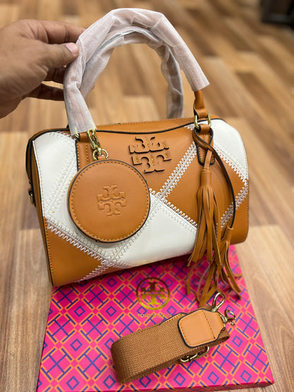 Tory Burch Two-Way Duffel Women Bag – Elegant & Versatile (Mustard/White)