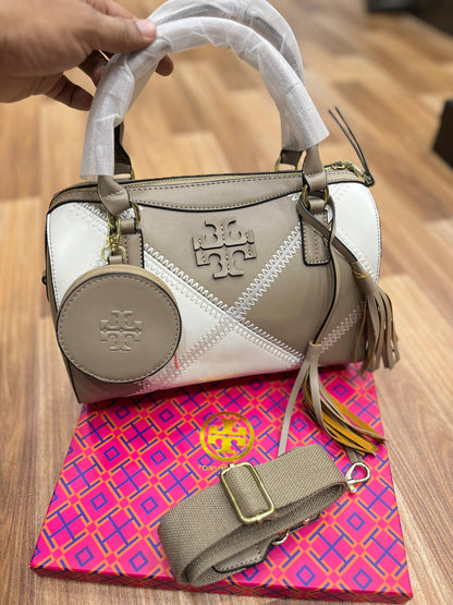 Tory Burch Two-Way Duffel Women Bag – Elegant & Versatile (Beige/White)