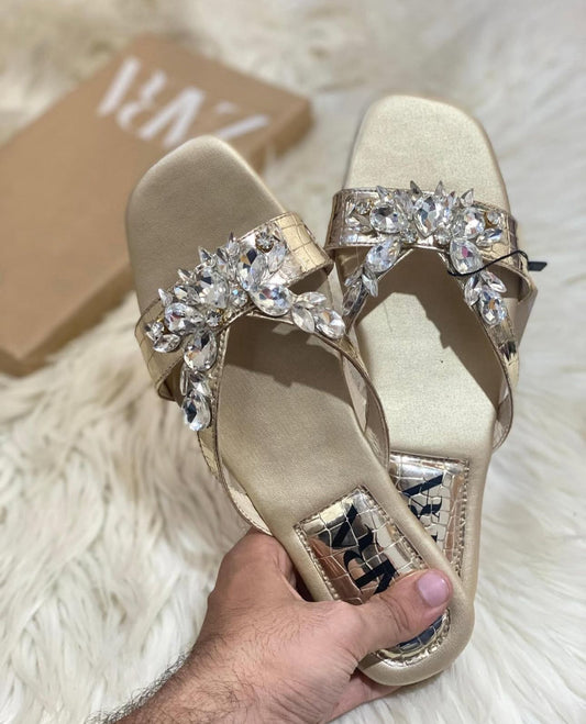 ZARA – Stone Flat Women Footwear (Gold)