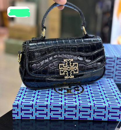 TORY BURCH — Britten Mini Top Handle Leather Bag (Black)