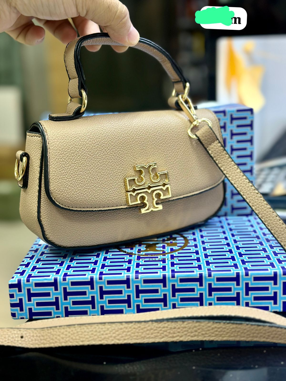 TORY BURCH — Britten Mini Top Handle Leather Bag (Beige)