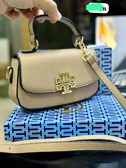 TORY BURCH — Britten Mini Top Handle Leather Bag (Beige)