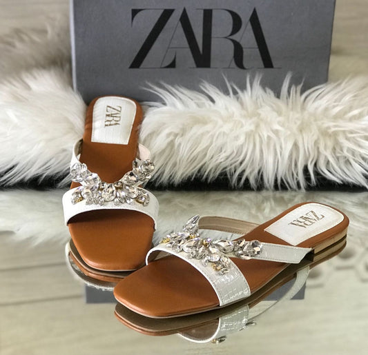 ZARA — Stone Flat Women's Slippers (With Brand Box) (White)
