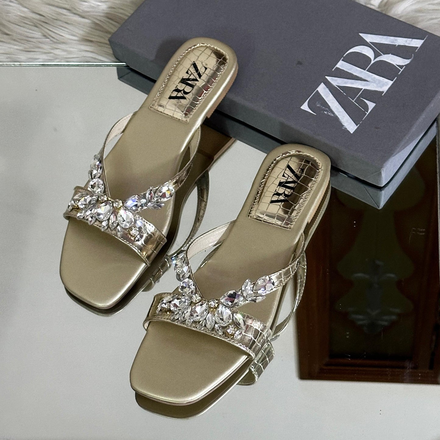 ZARA — Stone Flat Women's Slippers (With Brand Box) (Golden)