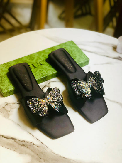 GUCCI — Butterfly 🦋 Flat Slippers (Re-Stock | With Brand Box) (Black)