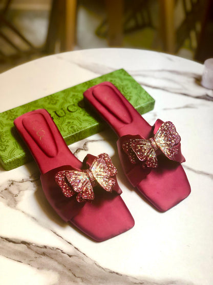 GUCCI — Butterfly 🦋 Flat Slippers (Re-Stock | With Brand Box) (Maroon)