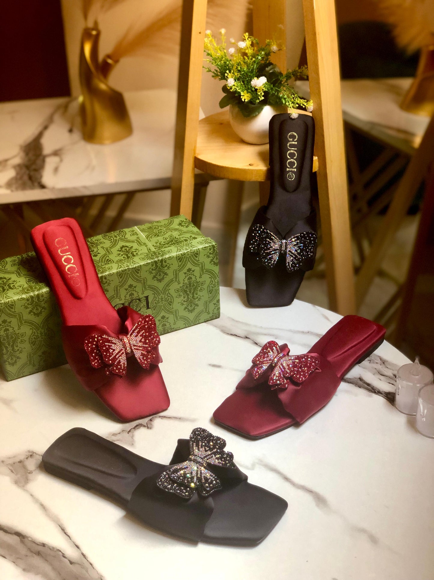 GUCCI — Butterfly 🦋 Flat Slippers (Re-Stock | With Brand Box) (Black)