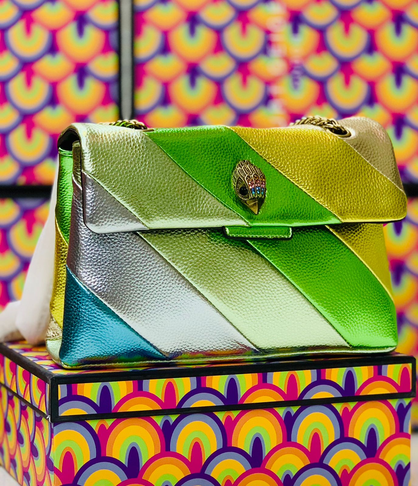 KURT GEIGER — Official Model Handbag (New Design | Premium Quality | With Box & Dust Bag) (Green with Mix Colors)