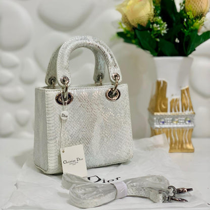 DIOR — Lady Dior Mini Python Skin Bag (Golden Hardware | With Brand Box & Dust Bag) (Silver)