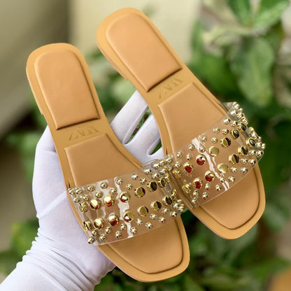 ZARA — Women's Stud Slippers (Restock | Stylish Design | Brand Box Included) (Beige)