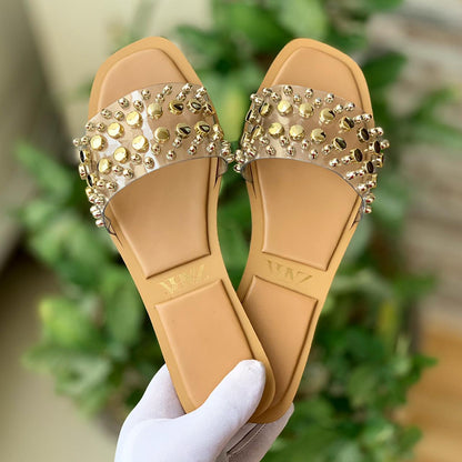 ZARA — Women's Stud Slippers (Restock | Stylish Design | Brand Box Included) (Beige)