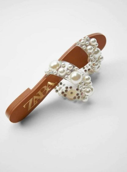 ZARA Pearls Flats — Restocked (Sizes 36 to 42 | Brand Box Included) (Brown Beige)