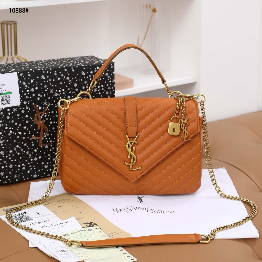 YSL Crossbody Bag — Premium Quality (Long Chain | Brand Card, Dustbag & Box Included) (Brown)
